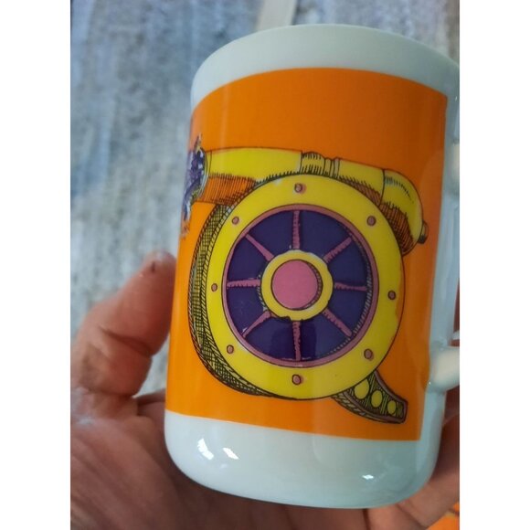 Vintage Japanese Ceramic Coffee Mug Set - Vibrant‎ Orange & Floral Design - Picture 4 of 8